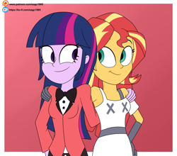 Size: 2611x2293 | Tagged: safe, artist:eagc7, sunset shimmer, twilight sparkle, human, equestria girls, g4, angel costume, chaggie, charlie magne, clothes, cosplay, costume, demon costume, duo, female, hand on shoulder, hazbin hotel, hellaverse, high res, ko-fi, lesbian, moth costume, patreon, patreon reward, ship:sunsetsparkle, shipping, simple background, sleeveless, that's entertainment, vaggie