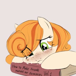 Size: 730x729 | Tagged: safe, artist:cottonaime, oc, oc only, oc:megan rouge, earth pony, pony, book, crying, eye clipping through hair, freckles, sad, solo