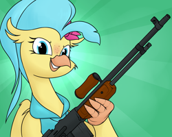 Size: 1601x1283 | Tagged: safe, artist:moonatik, princess skystar, hippogriff, equestria at war mod, g4, my little pony: the movie, abstract background, browning automatic rifle, claws, clothes, female, flower, flower in hair, freckles, grin, gun, looking at you, machine gun, smiling, solo, weapon