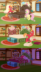 Size: 2880x5040 | Tagged: safe, anonymous artist, big macintosh, fluttershy, earth pony, pegasus, pony, series:fm holidays, g4, bed, bed sheets, bedroom, big grin, butt, comic, cute, eyes closed, female, fluttershy's bedroom, fluttershy's cottage, flying, grin, hammer, in bed, labor day, lineless, looking at each other, lying down, male, mare, mattress, mouth hold, night, no pupils, paint bucket, pillow, plot, quilt, saw, screwdriver, sheet, ship:fluttermac, shipping, shyabetes, sleepy, smiling, smiling at each other, spread wings, stallion, straight, sunset, toolbox, toothy grin, underhoof, wings