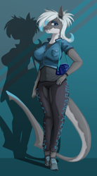 Size: 1600x2900 | Tagged: safe, artist:stray prey, oc, oc only, oc:lacera viscera, oc:lucent, original species, shark, shark pony, anthro, plantigrade anthro, accessory, breasts, female, hair over one eye, looking at you, mare, purse, shark tail, solo, tiny, tiny ponies