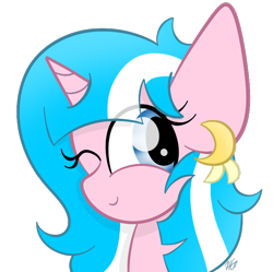 Size: 666x664 | Tagged: safe, artist:sugarcloud12, oc, oc only, oc:skylight, pony, unicorn, blue eyes, bust, female, horn, looking at you, mare, one eye closed, portrait, simple background, smiling, smiling at you, solo, transparent background, unicorn oc, wink, winking at you