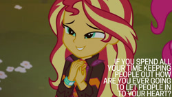 Size: 1280x720 | Tagged: safe, edit, edited screencap, editor:quoterific, screencap, pinkie pie, sunset shimmer, equestria girls, equestria girls specials, g4, my little pony equestria girls: better together, my little pony equestria girls: sunset's backstage pass, female, geode of empathy, magical geodes, music festival outfit, offscreen character, smiling, solo focus