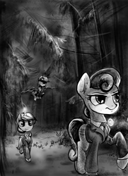 Size: 2831x3907 | Tagged: safe, artist:musical ray, bon bon, lyra heartstrings, sweetie drops, oc, bat pony, earth pony, pony, unicorn, g4, black and white, clothes, forest, grayscale, high res, monochrome, suit