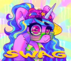Size: 2048x1762 | Tagged: safe, artist:p0nyplanet, izzy moonbow, pony, unicorn, g5, my little pony: a new generation, abstract background, baseball cap, cap, female, hat, izzy the rapper, mare, rapper, shutter shades, solo, sunglasses, swag, text