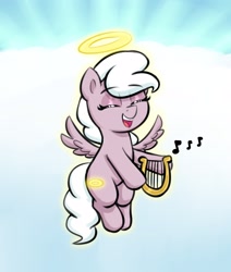 Size: 1944x2292 | Tagged: safe, artist:heretichesh, oc, oc only, angel, angel pony, original species, pegasus, pony, cloud, eyes closed, female, filly, flying, halo, harp, lyre, music notes, musical instrument, open mouth, singing, solo