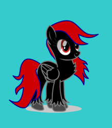 Size: 263x300 | Tagged: safe, artist:shadowsky, oc, oc only, oc:shadow sky, pegasus, pony, chest fluff, cute, cyan background, folded wings, pegasus oc, red and black oc, red eyes, red mane, simple background, smiling, solo, unshorn fetlocks, wings