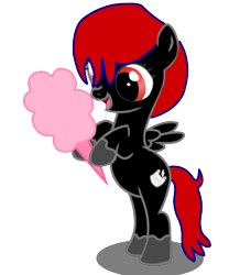 Size: 249x300 | Tagged: safe, oc, oc only, oc:shadow sky, pegasus, pony, bipedal, cotton candy, cute, hoof hold, open mouth, open smile, pegasus oc, red and black oc, red eyes, red mane, simple background, smiling, solo, spread wings, tiny, transparent background, wings