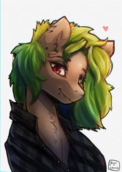 Size: 2894x4093 | Tagged: safe, artist:jaynsparkle, oc, oc only, pony, chest fluff, clothes, heterochromia, looking at you, shirt, smiling, solo