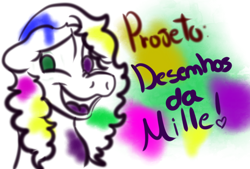 Size: 826x560 | Tagged: safe, artist:milledpurple, earth pony, pony, abstract background, bust, female, heterochromia, mare, open mouth, portuguese, smiling, solo