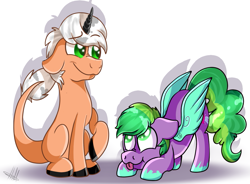 Size: 1097x806 | Tagged: safe, artist:milledpurple, oc, oc only, pegasus, pony, unicorn, :p, colored hooves, duo, face down ass up, horn, leonine tail, pegasus oc, signature, tongue out, unicorn oc