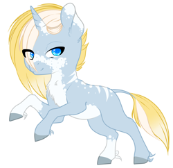 Size: 1170x1131 | Tagged: safe, artist:schokocream, oc, oc only, pony, unicorn, blue eyes, coat markings, colored hooves, ear fluff, eye clipping through hair, horn, looking at you, rearing, simple background, solo, unicorn oc, white background