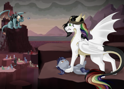 Size: 5272x3826 | Tagged: safe, artist:schokocream, oc, oc:aeon of dreams, oc:lightning bliss, dragon, pony, cliff, dragoness, dragonified, female, hat, lying down, male, on back, outdoors, species swap, torch