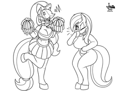 Size: 1600x1200 | Tagged: safe, artist:jamearts, applejack, rainbow dash, earth pony, pegasus, anthro, unguligrade anthro, g4, arm hooves, bimbo, cheerleader, clothes, cross-popping veins, duo, female, laughing, lineart, lipstick, monochrome, one eye closed, pom pom, signature, skirt, smiling, smirk, tomboy taming, unamused, wingless, wingless anthro, wink