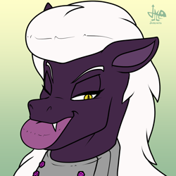 Size: 1280x1280 | Tagged: safe, artist:jamearts, oc, oc only, oc:praetura amethyst, original species, pony, subterranean pony, bust, fangs, gradient background, impossibly large lips, one eye closed, solo, wink