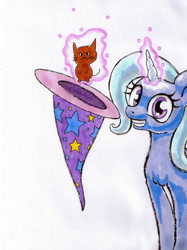 Size: 900x1203 | Tagged: safe, artist:oddwarg, trixie, cat, pony, unicorn, g4, clothes, grin, hat, levitation, looking at you, magic, smiling, telekinesis, traditional art, trixie's hat