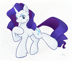 Size: 3711x3154 | Tagged: safe, artist:stec-corduroyroad, rarity, pony, unicorn, g4, blue eyes, cheek fluff, ear fluff, female, high res, hoof fluff, hoof on chest, horn, lidded eyes, looking at you, mare, raised leg, signature, smiling, smiling at you, standing