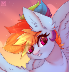 Size: 1377x1440 | Tagged: safe, artist:elektra-gertly, rainbow dash, pegasus, pony, g4, bust, ear fluff, eye clipping through hair, eyebrows, eyebrows visible through hair, gritted teeth, looking at something, multicolored hair, portrait, purple eyes, signature, solo, teeth, wings