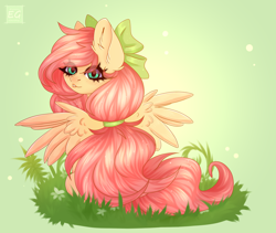 Size: 3078x2592 | Tagged: safe, artist:elektra-gertly, fluttershy, pegasus, pony, g4, alternate hairstyle, bow, cute, ear fluff, eye clipping through hair, eyebrows, eyebrows visible through hair, female, grass, hair, hair bow, high res, looking at you, looking back, looking back at you, mare, shyabetes, signature, solo, spread wings, teal eyes, wings