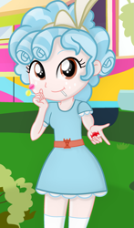 Size: 1131x1920 | Tagged: safe, artist:cgh-walker, artist:charliexe, artist:grapefruit-face, cozy glow, equestria girls, g4, base used, candy, clothes, cozybetes, cute, dress, equestria girls-ified, female, food, freckles, happy, lollipop, offering, show accurate, socks, solo, standing, trace