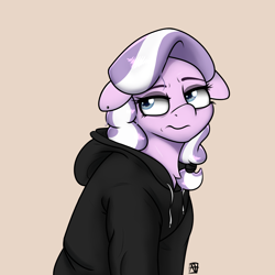 Size: 2000x2000 | Tagged: safe, artist:naen, diamond tiara, earth pony, pony, g4, alternate hairstyle, chest fluff, clothes, emo, female, floppy ears, high res, hoodie, mare, older, older diamond tiara, sad, simple background, solo