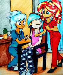 Size: 817x978 | Tagged: safe, artist:liaaqila, frosty orange, sunset shimmer, oc, oc:rym, equestria girls, g4, blood pressure, checkup, clothes, converse, nurse, pajamas, scrubs (gear), shoes, sneakers, stethoscope, traditional art