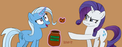 Size: 1280x501 | Tagged: safe, artist:romulus4444, rarity, trixie, pony, unicorn, g4, cookie, cookie jar, food, levitation, magic, scrunchy face, telekinesis