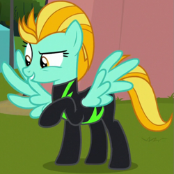Size: 695x693 | Tagged: safe, screencap, lightning dust, pegasus, pony, g4, season 8, the washouts (episode), clothes, cropped, female, mare, raised hoof, smiling, solo, spread wings, uniform, washouts uniform, wings