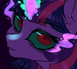 Size: 2000x1810 | Tagged: safe, alternate version, artist:gunya, twilight sparkle, ambiguous race, pony, bust, dark magic, ear fluff, eyebrows, eyebrows visible through hair, female, glowing horn, horn, magic, mare, portrait, purple eyes, simple background, sketch, solo, sombra eyes