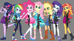 Size: 2000x1122 | Tagged: safe, artist:edy_january, edit, screencap, vector edit, applejack, fluttershy, pinkie pie, rainbow dash, rarity, sci-twi, sunset shimmer, twilight sparkle, equestria girls, g4, my little pony equestria girls: better together, assault rifle, call of duty, converse, geode of empathy, geode of fauna, geode of shielding, geode of super speed, geode of super strength, geode of telekinesis, group, gun, humane five, humane seven, humane six, m16, m249, m4a1, machine gun, magical geodes, mp5, rifle, shoes, sniper rifle, submachinegun, vector, weapon