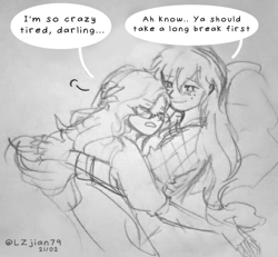 Size: 720x666 | Tagged: safe, artist:lzjian79, applejack, rarity, equestria girls, g4, comforting, female, lesbian, pencil drawing, ship:rarijack, shipping, sleeping, speech bubble, tired, traditional art