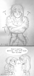 Size: 720x1599 | Tagged: safe, artist:lzjian79, applejack, rarity, equestria girls, g4, blushing, clothes, female, freckles, helmet, lesbian, open mouth, pencil drawing, ship:rarijack, shipping, sketch, speech bubble, traditional art, wet, wet clothes