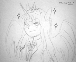 Size: 720x590 | Tagged: safe, artist:lzjian79, twilight sparkle, equestria girls, g4, crown, horn, jewelry, necktie, one eye closed, pencil drawing, ponied up, regalia, sketch, speech bubble, traditional art, wings, wink