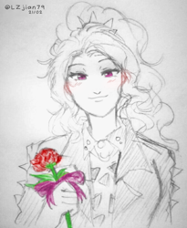 Size: 720x878 | Tagged: safe, artist:lzjian79, adagio dazzle, equestria girls, g4, blushing, flower, looking at you, pencil drawing, rose, sketch, speech bubble, traditional art