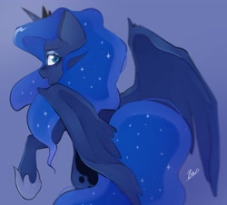 Size: 2048x1849 | Tagged: safe, artist:haichiroo, princess luna, alicorn, pony, g4, ethereal mane, female, looking at you, looking back, mare, solo, spread wings, starry mane, wings