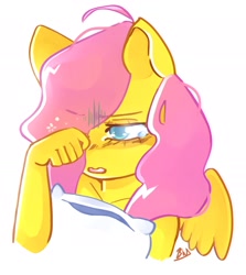 Size: 1936x2166 | Tagged: safe, artist:haichiroo, fluttershy, pegasus, anthro, g4, crying, pillow, rubbing eyes, sad, solo, teary eyes, wiping, wiping tears