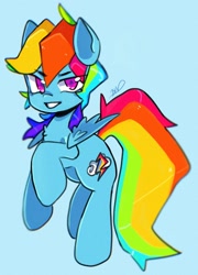 Size: 1471x2048 | Tagged: safe, artist:haichiroo, rainbow dash, pegasus, pony, g4, backwards cutie mark, chest fluff, grin, looking at you, smiling, solo, spread wings, wings