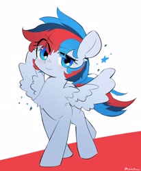 Size: 2622x3187 | Tagged: safe, artist:lexiedraw, oc, oc only, oc:retro city, pegasus, pony, blue eyes, blue mane, blue tail, blushing, feathered wings, female, high res, mare, multicolored mane, multicolored tail, raised hoof, red mane, red tail, solo, spread wings, walking, wings