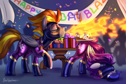 Size: 3000x2000 | Tagged: safe, artist:jedayskayvoker, oc, oc only, oc:blaze (shadowbolt), oc:crimson rain, pegasus, pony, birthday, birthday cake, cake, candle, clothes, costume, covering eyes, cowering, face down ass up, fire, food, high res, latex, latex suit, male, present, rule 63, shadowbolts, shadowbolts costume, shivering, stallion