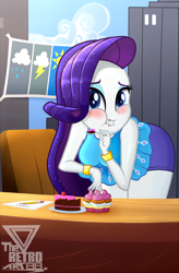 Size: 910x1384 | Tagged: safe, artist:theretroart88, rarity, equestria girls, g4, my little pony equestria girls: better together, big breasts, blushing, breasts, cake, caught, cupcake, female, food, messy eating, rarity peplum dress, weather, weather forecast