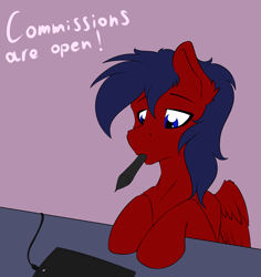 Size: 3400x3600 | Tagged: safe, artist:trast113, oc, oc only, oc:trast, pegasus, pony, blue eyes, blue mane, commissions open, drawing tablet, ear fluff, eyebrows, high res, lidded eyes, male, mouth hold, pegasus oc, pen, purple background, simple background, solo, stallion