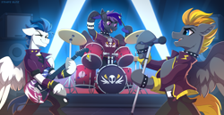 Size: 3840x1988 | Tagged: safe, artist:strafe blitz, oc, oc only, oc:astonish moon, oc:blaze (shadowbolt), oc:whirlwind flux, pegasus, pony, choker, clothes, collar, concert, drums, electric guitar, guitar, jacket, male, microphone, musical instrument, singing, spiked choker, spiked collar, stage, stallion, trio