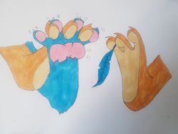 Size: 901x676 | Tagged: artist needed, safe, gallus, smolder, dragon, griffon, g4, between toes, feather, feet, fetish, foot fetish, foot focus, footsie, interlocking toes, paw pads, paws, tickling, toe beans, traditional art, underpaw