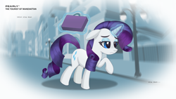 Size: 2560x1440 | Tagged: safe, artist:pearly* marshmallow, rarity, pony, unicorn, g4, rarity takes manehattan, blue background, city, downtown, exhausted, looking down, luggage, magic, magic aura, manehattan, ok computer, radiohead, rarity day, running, sad, simple background, social alienation, solo, suitcase, the tourist, tired, tourist, work