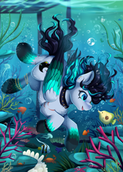 Size: 2843x3995 | Tagged: safe, artist:pridark, oc, oc only, crab, fish, jellyfish, pegasus, pony, blue eyes, bubble, chest fluff, commission, coral, crepuscular rays, ear fluff, feather, flowing mane, flowing tail, folded wings, high res, jewelry, ocean, open mouth, open smile, pegasus oc, reef, seashell, seaweed, smiling, solo, sunlight, swimming, teeth, underwater, water, wings