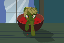 Size: 3300x2233 | Tagged: safe, artist:badumsquish, derpibooru exclusive, food pony, monster pony, original species, plant pony, pony, g4, badumsquish strikes again, bowl, crawling, dark, female, food, high res, leaves, looking at you, mare, pickle, pickle rick, plant, ponified, raised hoof, rick and morty, shadow, smiling, smirk, solen'ya, solo, soup, table, window