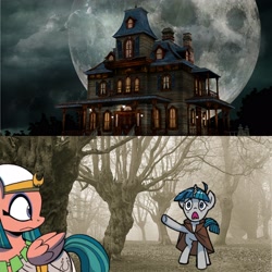 Size: 3464x3464 | Tagged: artist needed, safe, idw, somnambula, stygian, pegasus, pony, unicorn, g4, female, forest, haunted house, high res, male, mare, moon, night, stallion