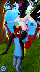 Size: 2160x3840 | Tagged: safe, artist:pootanger_sfm, oc, oc only, oc:portal, oc:war heart, pegasus, anthro, plantigrade anthro, barefoot, clothes, eyes closed, feet, high res, holding hands, looking up, outdoors, pegasus oc, sitting on shoulders, smiling