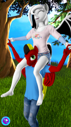 Size: 2160x3840 | Tagged: safe, artist:pootanger_sfm, oc, oc only, oc:rb, oc:war heart, bat pony, pegasus, anthro, plantigrade anthro, barefoot, bat pony oc, clothes, eyes closed, feet, high res, holding hands, looking up, outdoors, pegasus oc, sitting on shoulders, smiling