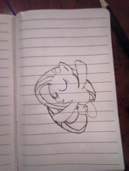 Size: 1080x1440 | Tagged: safe, fluttershy, pony, filli vanilli, g4, season 4, cute, eyes closed, flying, lined paper, monochrome, notebook, shyabetes, sketch, smiling, solo, traditional art
